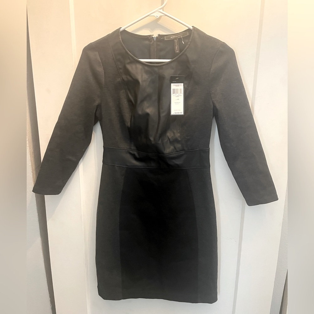 Bodycon Dress with Faux Leather, Size xs new with tag $228 black/charcoal